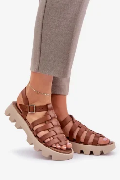 Outlet Skórzane Sandały Damskie Zazoo 3695 Camel Damskie Sandały Płaskie