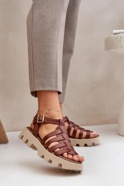 Sandały Płaskie>Boto Skórzane Sandały Damskie Zazoo 3695 Brązowe Brązowy