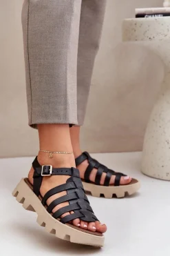 New Boto Skórzane Sandały Damskie Zazoo 3695 Czarne Czarny