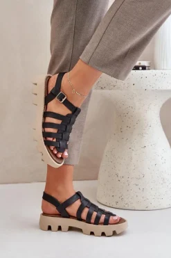 New Boto Skórzane Sandały Damskie Zazoo 3695 Czarne Czarny