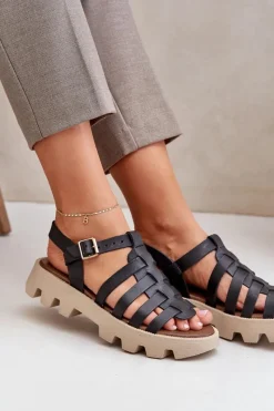 New Boto Skórzane Sandały Damskie Zazoo 3695 Czarne Czarny