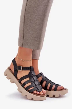 New Boto Skórzane Sandały Damskie Zazoo 3695 Czarne Czarny