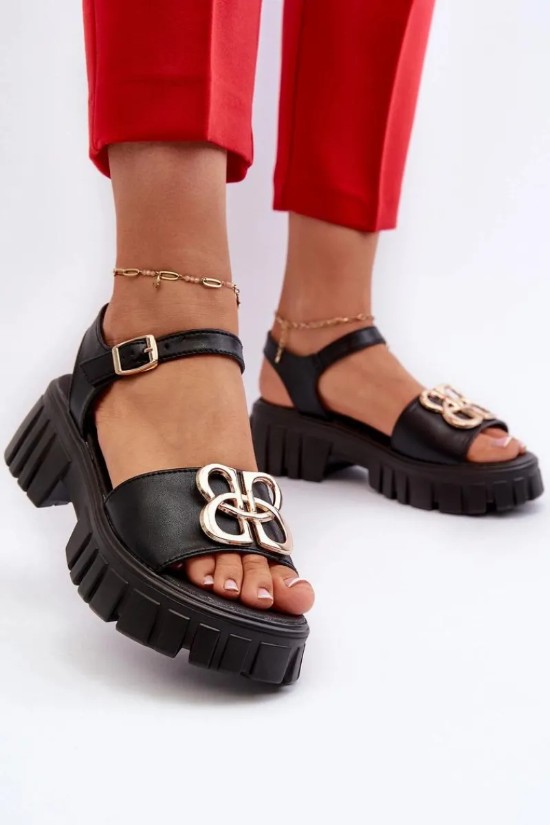 Sandały Płaskie>Buty damskie Vinceza Skórzane Sandały Damskie Ze Złotą Ozdobą Czarne Vinceza 7910