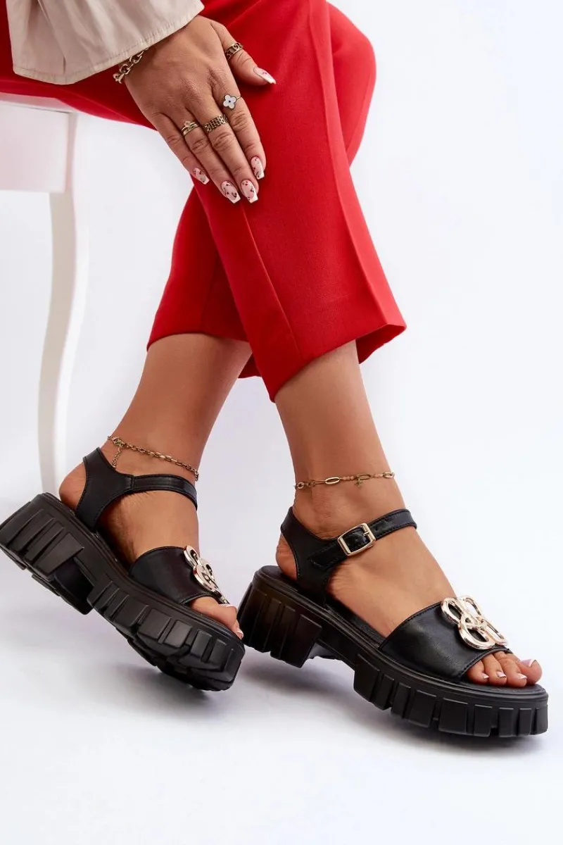 Sandały Płaskie>Buty damskie Vinceza Skórzane Sandały Damskie Ze Złotą Ozdobą Czarne Vinceza 7910