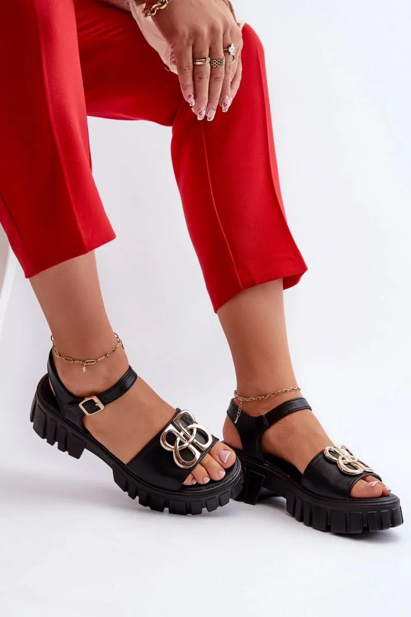 Sandały Płaskie>Buty damskie Vinceza Skórzane Sandały Damskie Ze Złotą Ozdobą Czarne Vinceza 7910