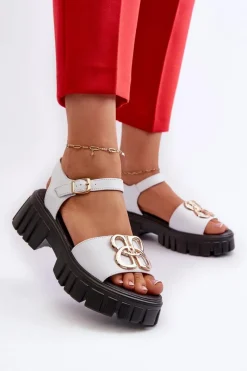 Hot Buty damskie Vinceza Skórzane Sandały Damskie Ze Złotą Ozdobą Białe Vinceza 7910