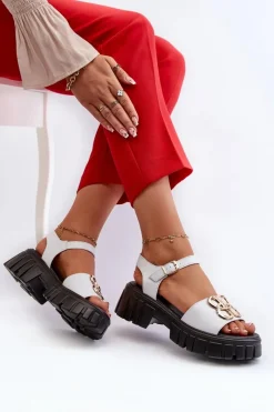 Hot Buty damskie Vinceza Skórzane Sandały Damskie Ze Złotą Ozdobą Białe Vinceza 7910