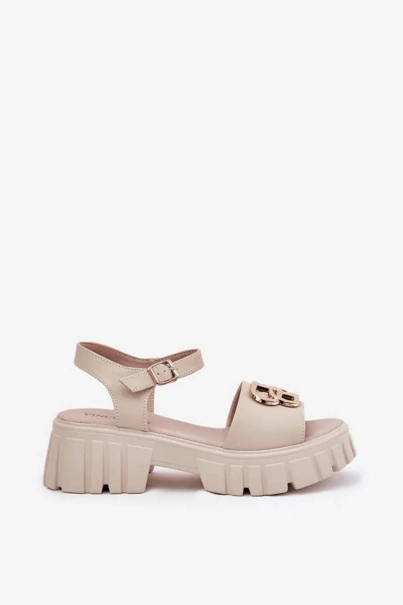 Online Skórzane Sandały Damskie Ze Złotym Detalem Vinceza 79541 Beżowe Damskie Sandały Płaskie