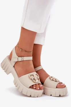 Online Skórzane Sandały Damskie Ze Złotym Detalem Vinceza 79541 Beżowe Damskie Sandały Płaskie