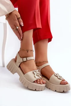 Online Skórzane Sandały Damskie Ze Złotą Ozdobą Beżowe Vinceza 7910 Damskie Sandały Płaskie