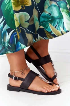 Clearance Skórzane Sandały Japonki Big Star HH274705 Czarne Damskie Sandały Big Star|Sandały Płaskie