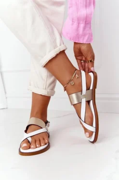 Hot Skórzane Sandały Japonki Big Star HH274714 Biało-Złote Damskie Sandały Big Star|Sandały Płaskie