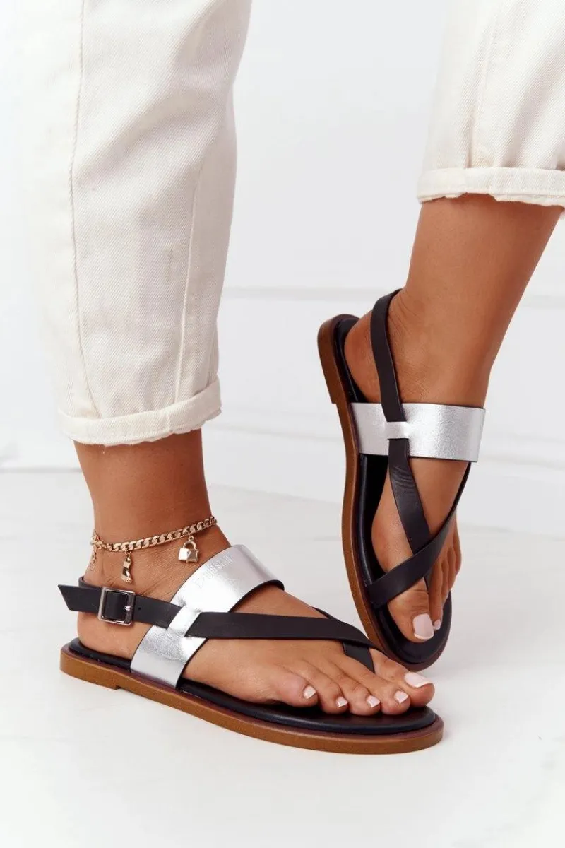 Sandały Big Star|Sandały Płaskie>Big Star Shoes Skórzane Sandały Japonki Big Star HH274712 Czarno-Srebrne