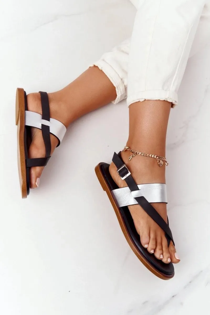 Sandały Big Star|Sandały Płaskie>Big Star Shoes Skórzane Sandały Japonki Big Star HH274712 Czarno-Srebrne