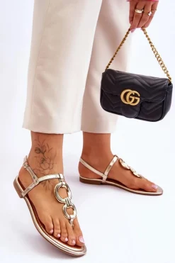 Sale Skórzane Sandały Japonki Na Płaskim Obcasie Złote Keep Going Damskie Sandały Płaskie