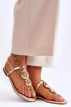 Sale Skórzane Sandały Japonki Na Płaskim Obcasie Złote Keep Going Damskie Sandały Płaskie