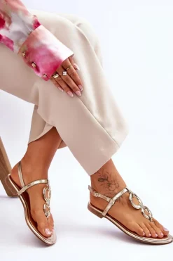 Sale Skórzane Sandały Japonki Na Płaskim Obcasie Złote Keep Going Damskie Sandały Płaskie