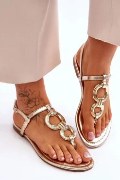 Sale Skórzane Sandały Japonki Na Płaskim Obcasie Złote Keep Going Damskie Sandały Płaskie