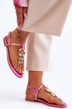 Hot Boto Skórzane Sandały Japonki Na Płaskim Obcasie Różowe Keep Going Różowy