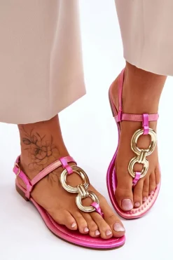 Hot Boto Skórzane Sandały Japonki Na Płaskim Obcasie Różowe Keep Going Różowy