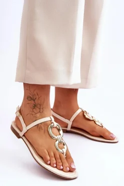 Best Skórzane Sandały Japonki Na Płaskim Obcasie Beżowe Keep Going Damskie Sandały Płaskie