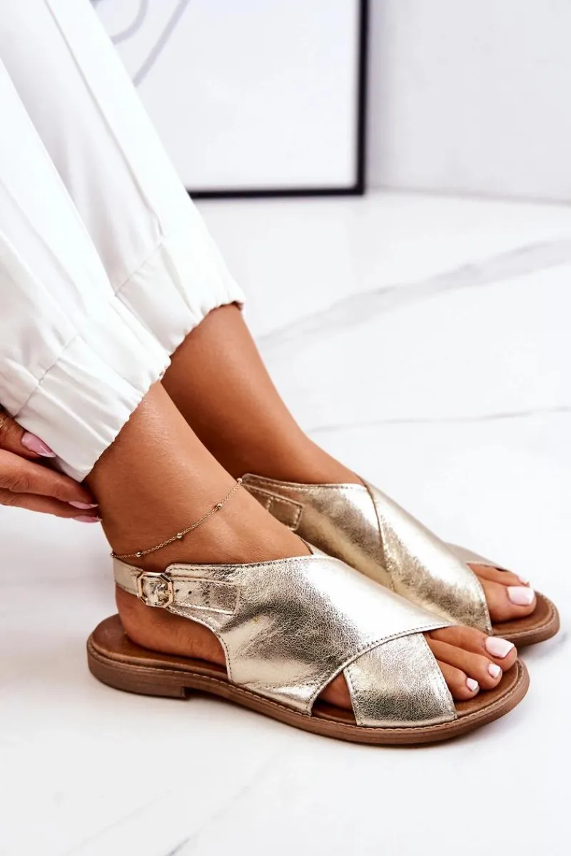 Sandały Płaskie>Boto Skórzane Sandały Lewski 3019 Złote