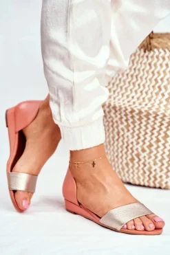 New Skórzane Sandały 1971-48 Brzoskwiniowe Damskie Sandały Na Koturnie|Sandały Płaskie