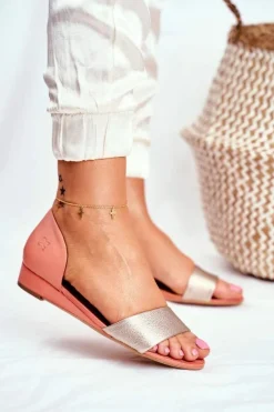 New Skórzane Sandały 1971-48 Brzoskwiniowe Damskie Sandały Na Koturnie|Sandały Płaskie