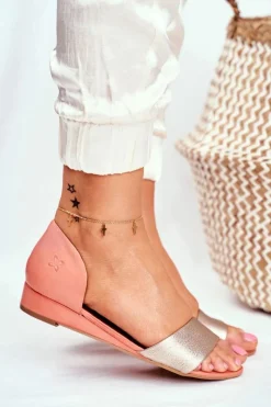 New Skórzane Sandały 1971-48 Brzoskwiniowe Damskie Sandały Na Koturnie|Sandały Płaskie