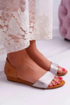 Skórzane Sandały 1971-45 Rude Damskie Sandały Na Koturnie|Sandały Płaskie