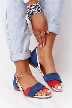 Discount Skórzane Sandały 04614-17 Granatowo-Czerwone Damskie Sandały Płaskie