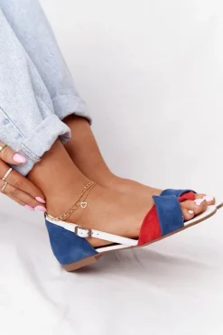 Discount Skórzane Sandały 04614-17 Granatowo-Czerwone Damskie Sandały Płaskie