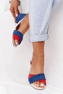 Discount Skórzane Sandały 04614-17 Granatowo-Czerwone Damskie Sandały Płaskie