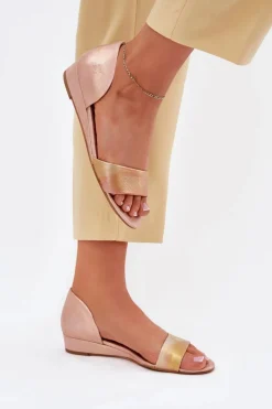 Skórzane Sandały 01971-72 Różowe Złoto Damskie Sandały Na Koturnie|Sandały Płaskie