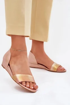 Skórzane Sandały 01971-72 Różowe Złoto Damskie Sandały Na Koturnie|Sandały Płaskie