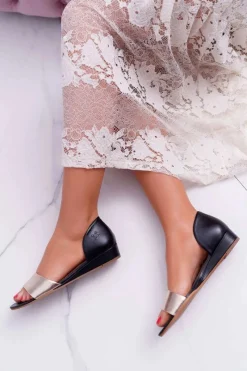 Sandały Płaskie>Maciejka Skórzane Sandały 1971-46 Czarno-Złote