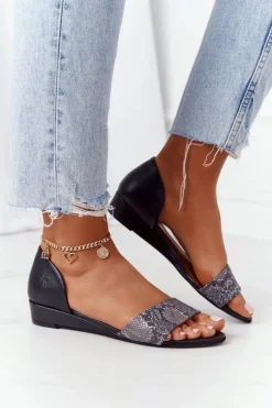 Hot Skórzane Sandały 1971-59 Czarno-Popielate Damskie Sandały Na Koturnie|Sandały Płaskie