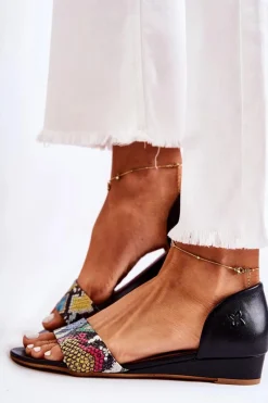 Clearance Skórzane Sandały 1971-63 Czarne Damskie Sandały Na Koturnie|Sandały Płaskie