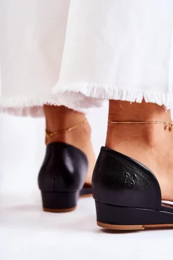 Clearance Skórzane Sandały 1971-63 Czarne Damskie Sandały Na Koturnie|Sandały Płaskie