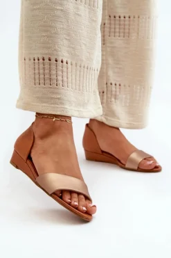 Skórzane Sandały 1971-68 Brązowo-Złote Damskie Sandały Na Koturnie|Sandały Płaskie