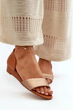 Skórzane Sandały 1971-68 Brązowo-Złote Damskie Sandały Na Koturnie|Sandały Płaskie