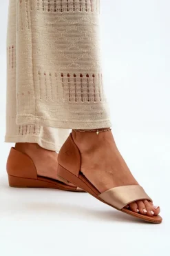 Skórzane Sandały 1971-68 Brązowo-Złote Damskie Sandały Na Koturnie|Sandały Płaskie