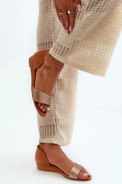 Skórzane Sandały 1971-68 Brązowo-Złote Damskie Sandały Na Koturnie|Sandały Płaskie