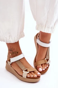 Hot Skórzane Sandały L5186-04 Beżowe Damskie Sandały Na Koturnie