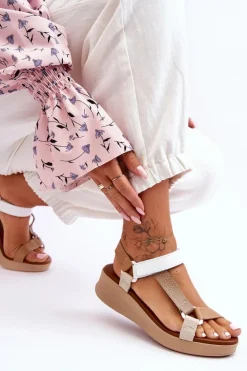 Hot Skórzane Sandały L5186-04 Beżowe Damskie Sandały Na Koturnie