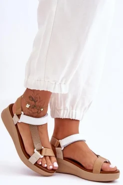 Hot Skórzane Sandały L5186-04 Beżowe Damskie Sandały Na Koturnie