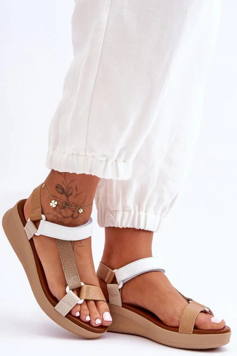 Hot Skórzane Sandały L5186-04 Beżowe Damskie Sandały Na Koturnie