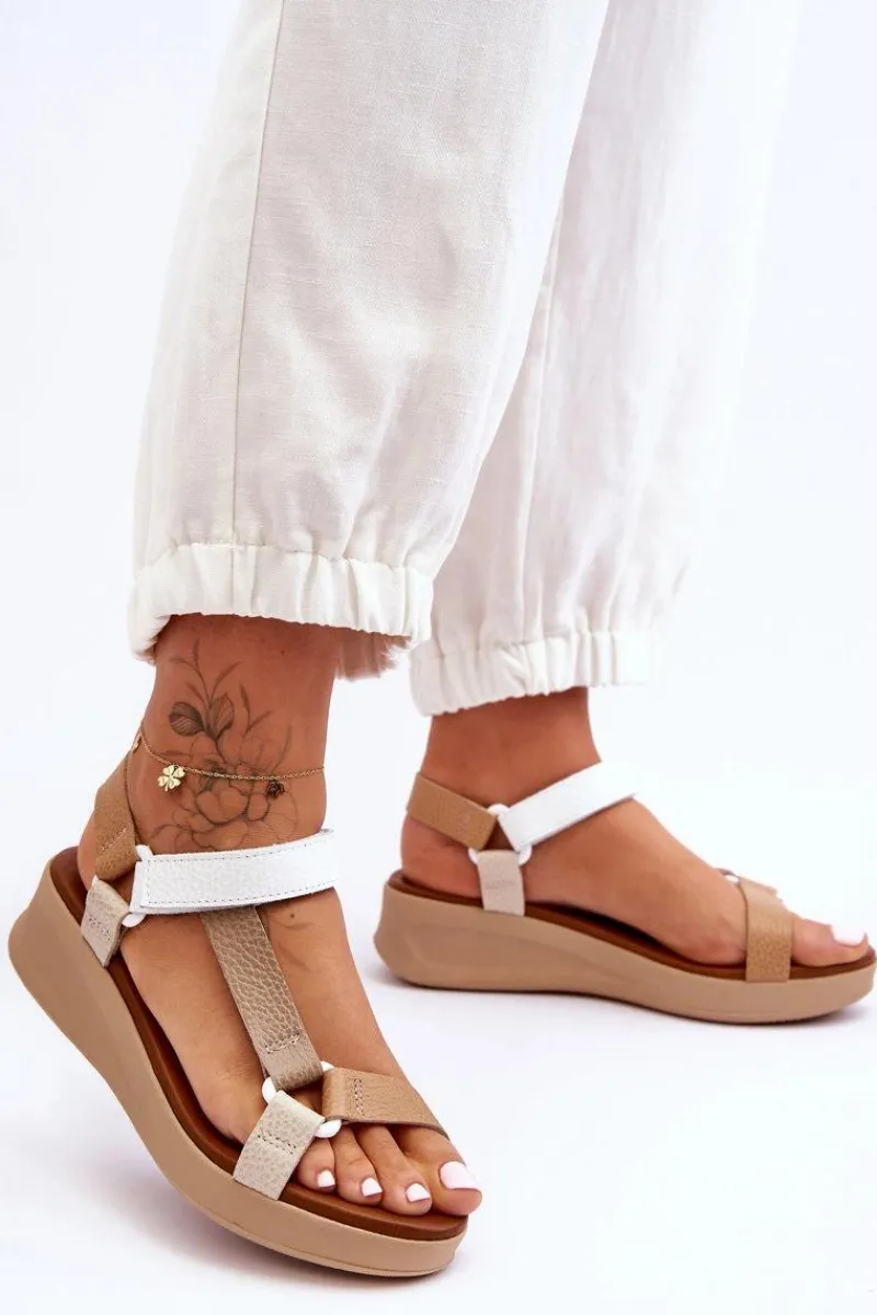 Hot Skórzane Sandały L5186-04 Beżowe Damskie Sandały Na Koturnie