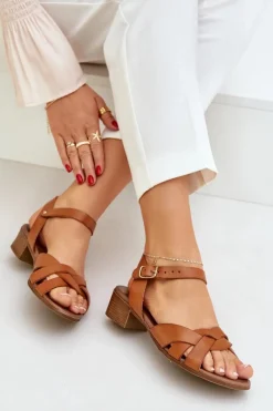 New Skórzane Sandały Na Delikatnym Obcasie 40372 Brązowe Damskie Sandały Na Obcasie
