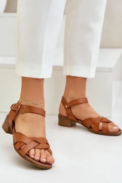 New Skórzane Sandały Na Delikatnym Obcasie 40372 Brązowe Damskie Sandały Na Obcasie